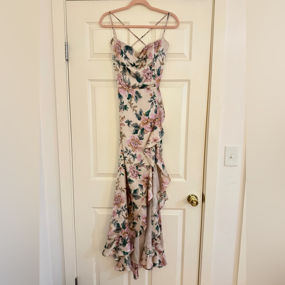 Dress Forum Emma Midi Ruffle Slit Asymmetrical Floral Dress in Cream and Pink